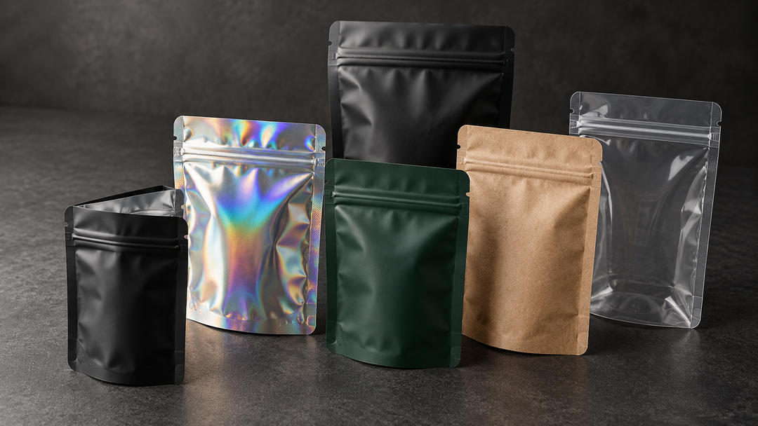 Pochons zip de différentes tailles en mylar noir, vert, holographique, kraft et plastique transparent.