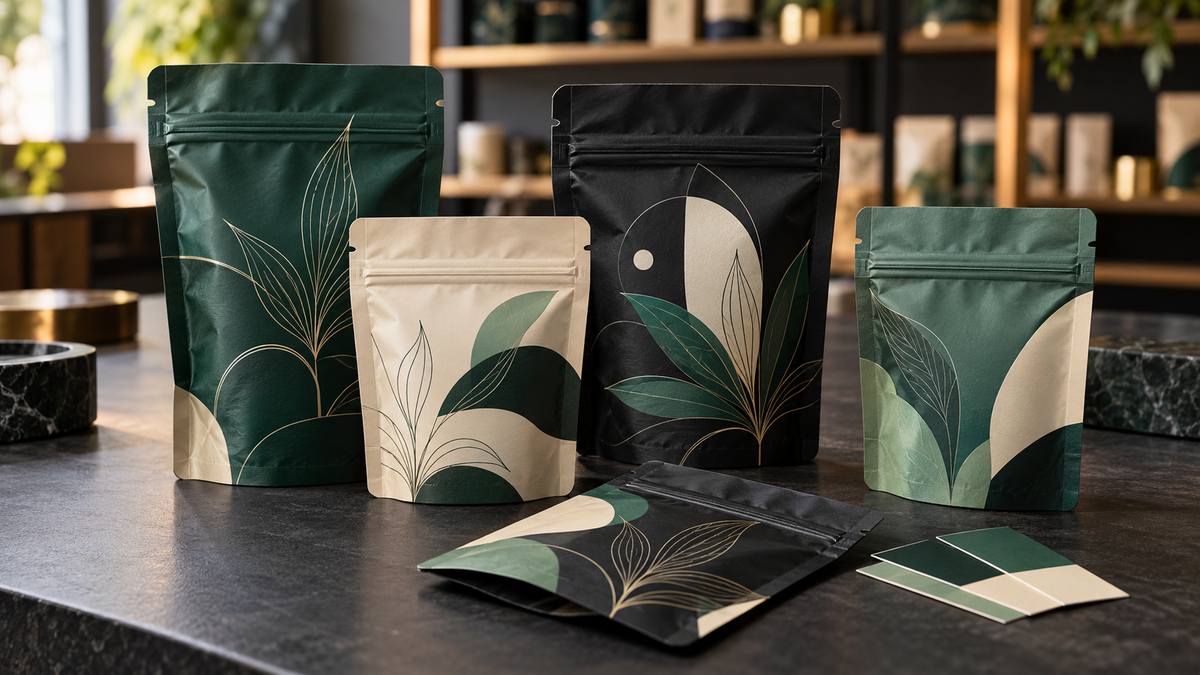 Sachets zip et doypacks personnalisés, aux motifs botaniques verts et noirs, présentés avec des nuanciers.