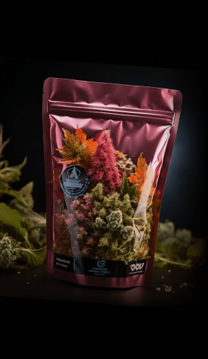 Création 420 : sachet rose illustré de fleurs colorées